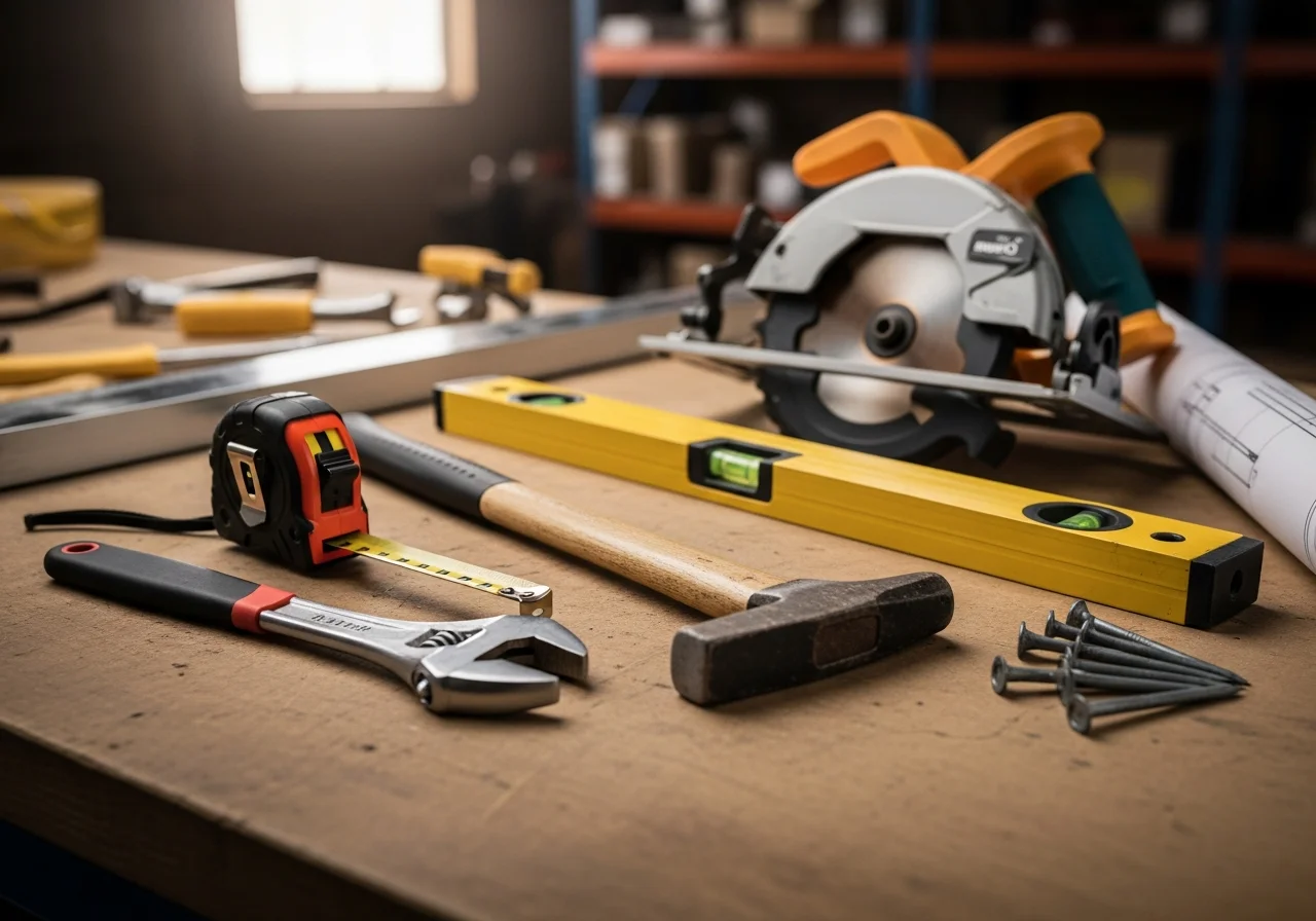 Handyman tools and equipment arranged on a work surface, representing the range of home repair and construction services offered.