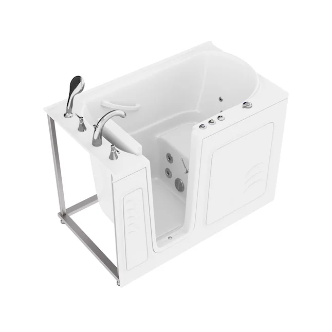White walk-in bathtub with jets, chrome fixtures, and grab rail for accessible bathing