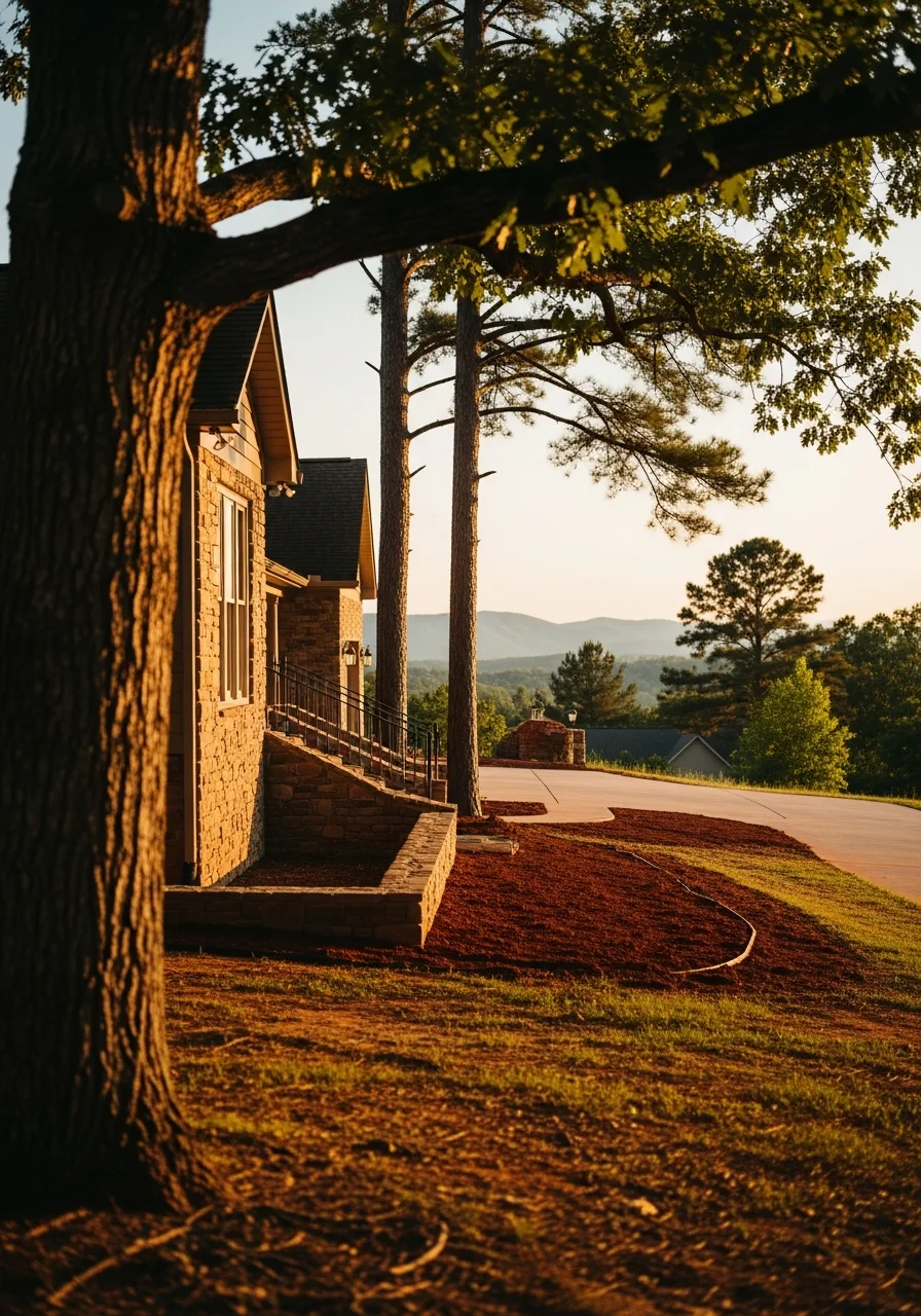 Residential property on a sloped lot in Fort Payne with mature landscaping and mountain views.