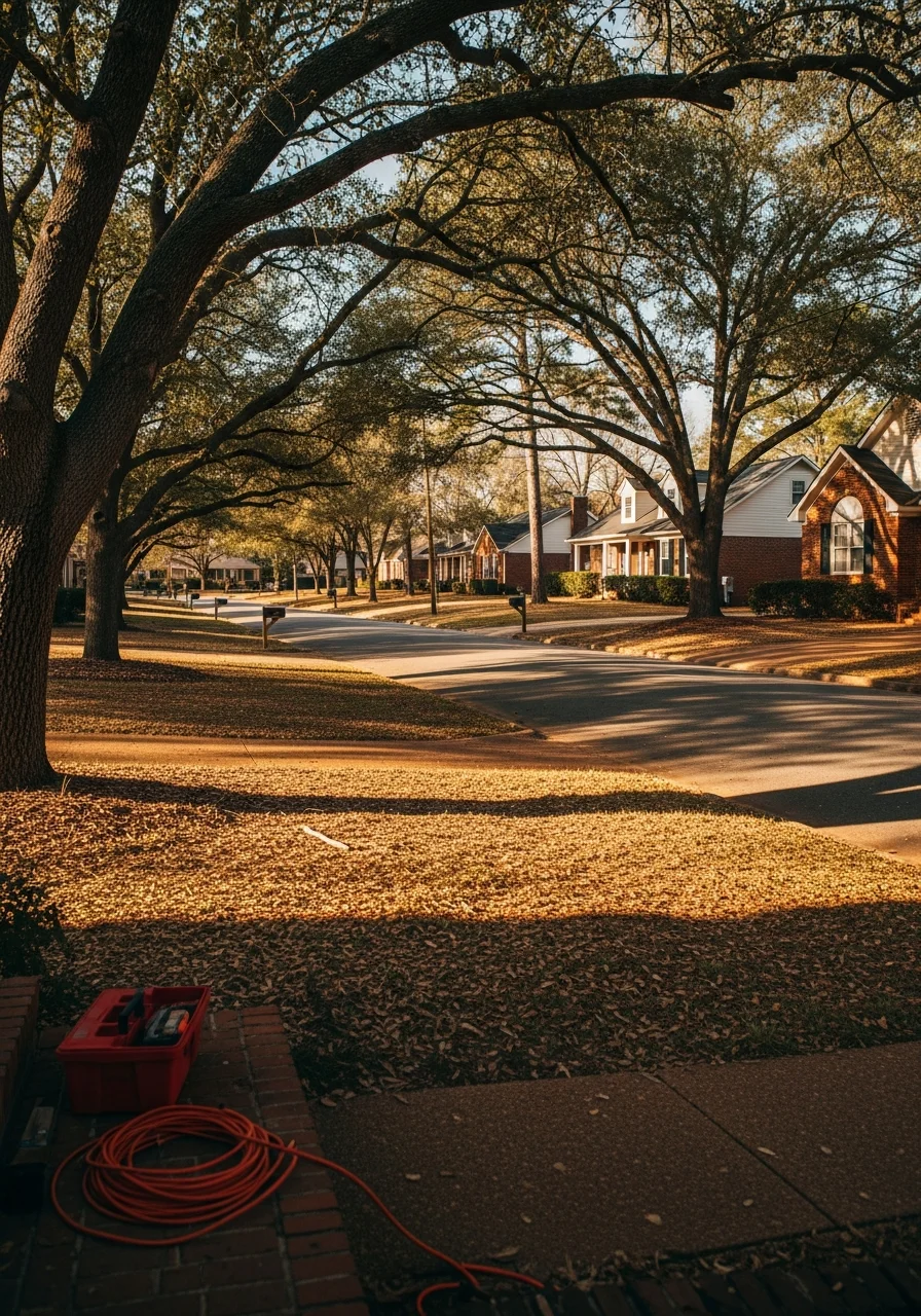 Established Section neighborhood with mature trees, quiet street, and family homes set back from the road.