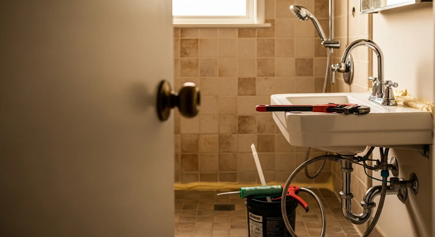 A newly installed bathroom sink and faucet in a Scottsboro, AL home, with clean supply line connections visible beneath the vanity. The fixture sits flush against a tiled backsplash in a single-family residential bathroom.
