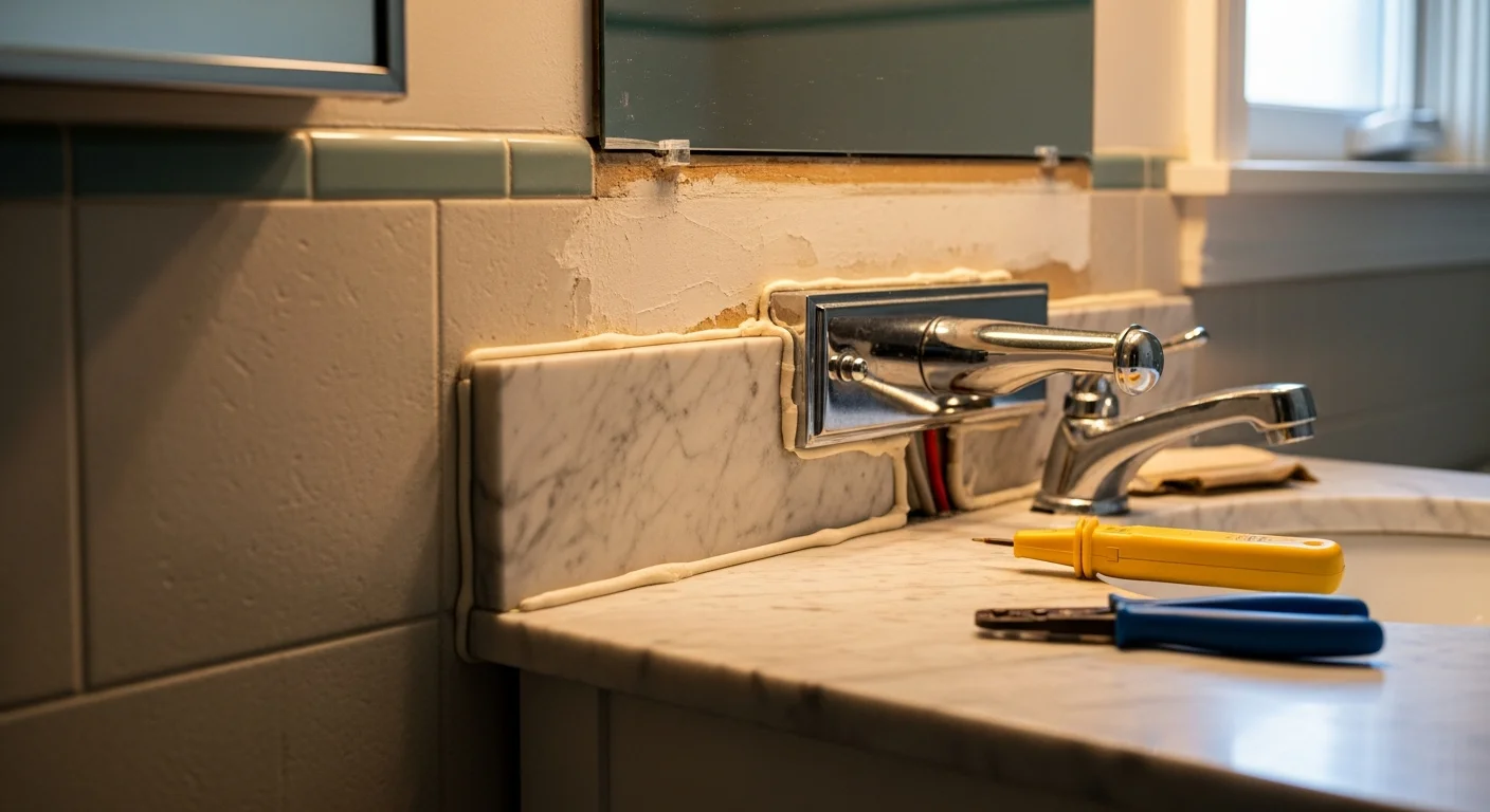 A freshly installed vanity light fixture mounted above a bathroom mirror in a Scottsboro, Alabama home. The fixture is centered over the sink with clean wall mounting and no visible gaps or exposed hardware.