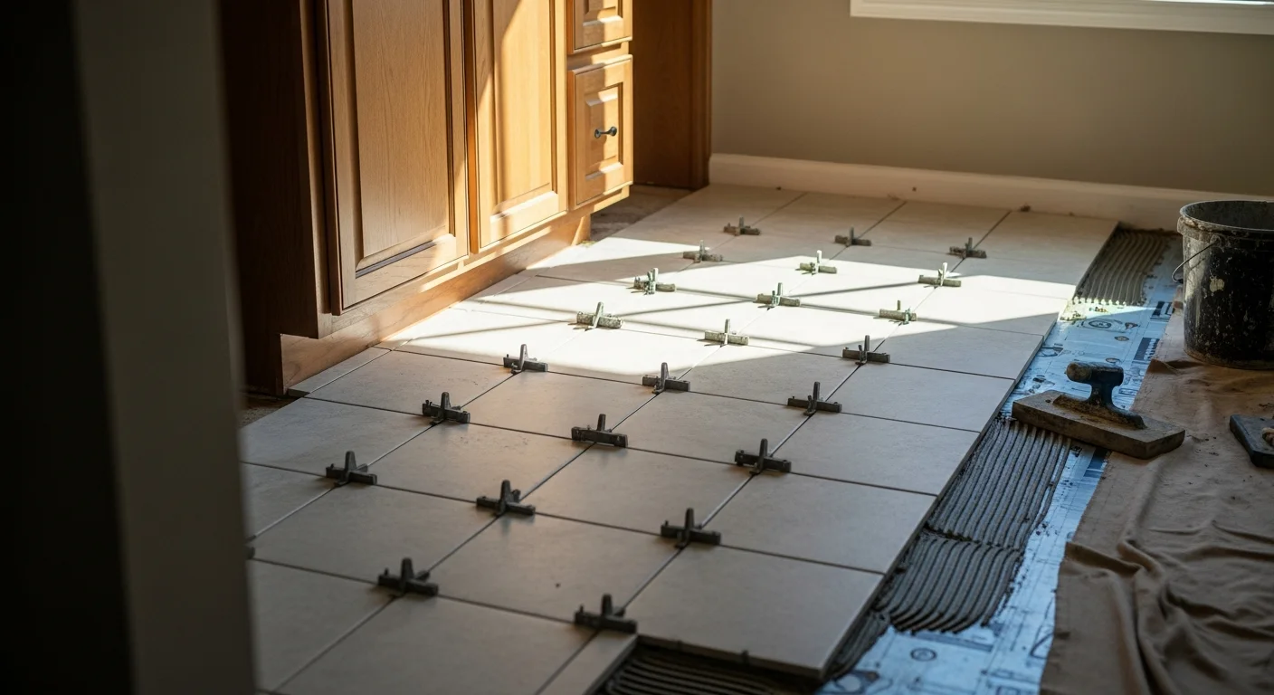 Freshly installed ceramic floor tile in a Scottsboro, AL bathroom with even grout lines and a clean white wall surround. The tile runs from the shower base to the vanity area, showing a complete floor installation by Apex Handyman Services.