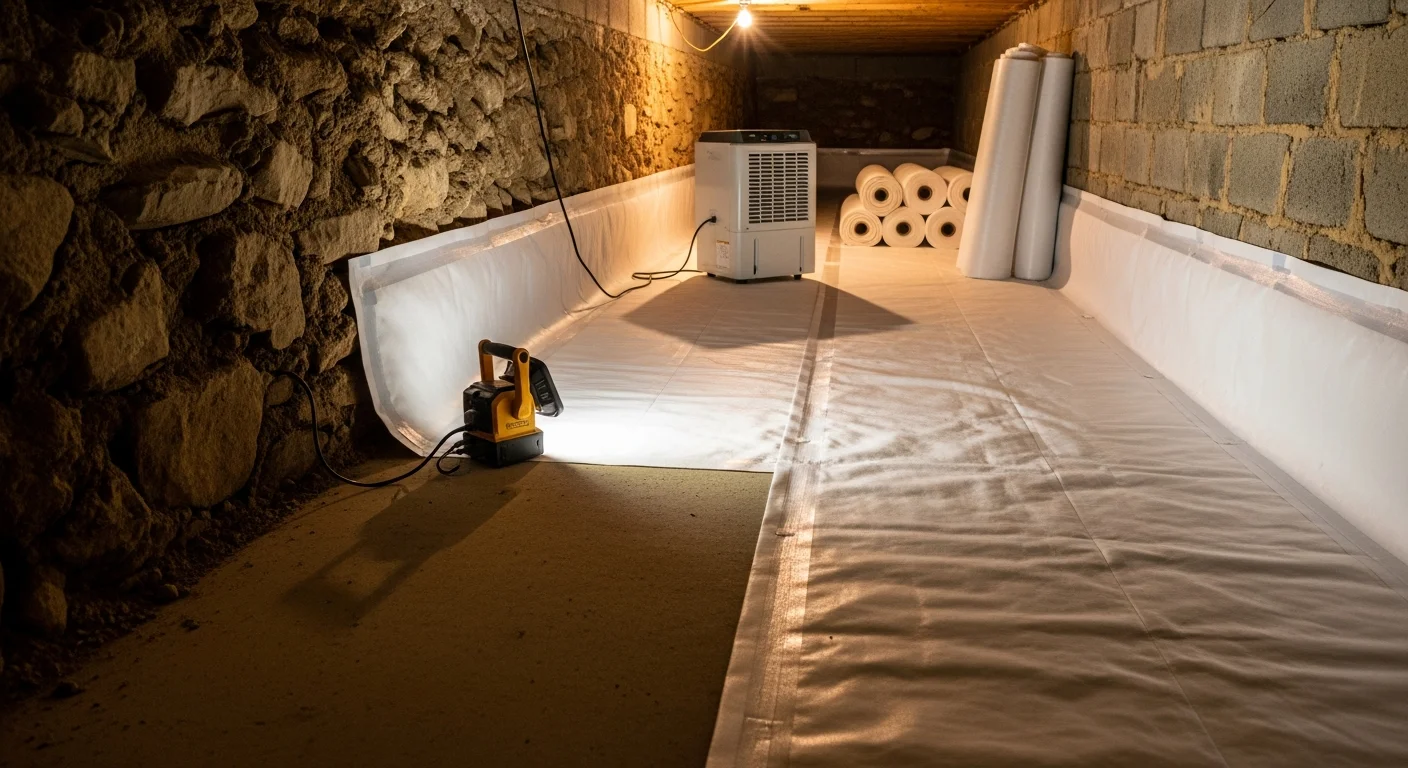 Sealed crawlspace beneath a Scottsboro, Alabama home with a white heavy-duty vapor barrier covering the floor and foundation walls. The space is dry and clear with no visible moisture or debris.