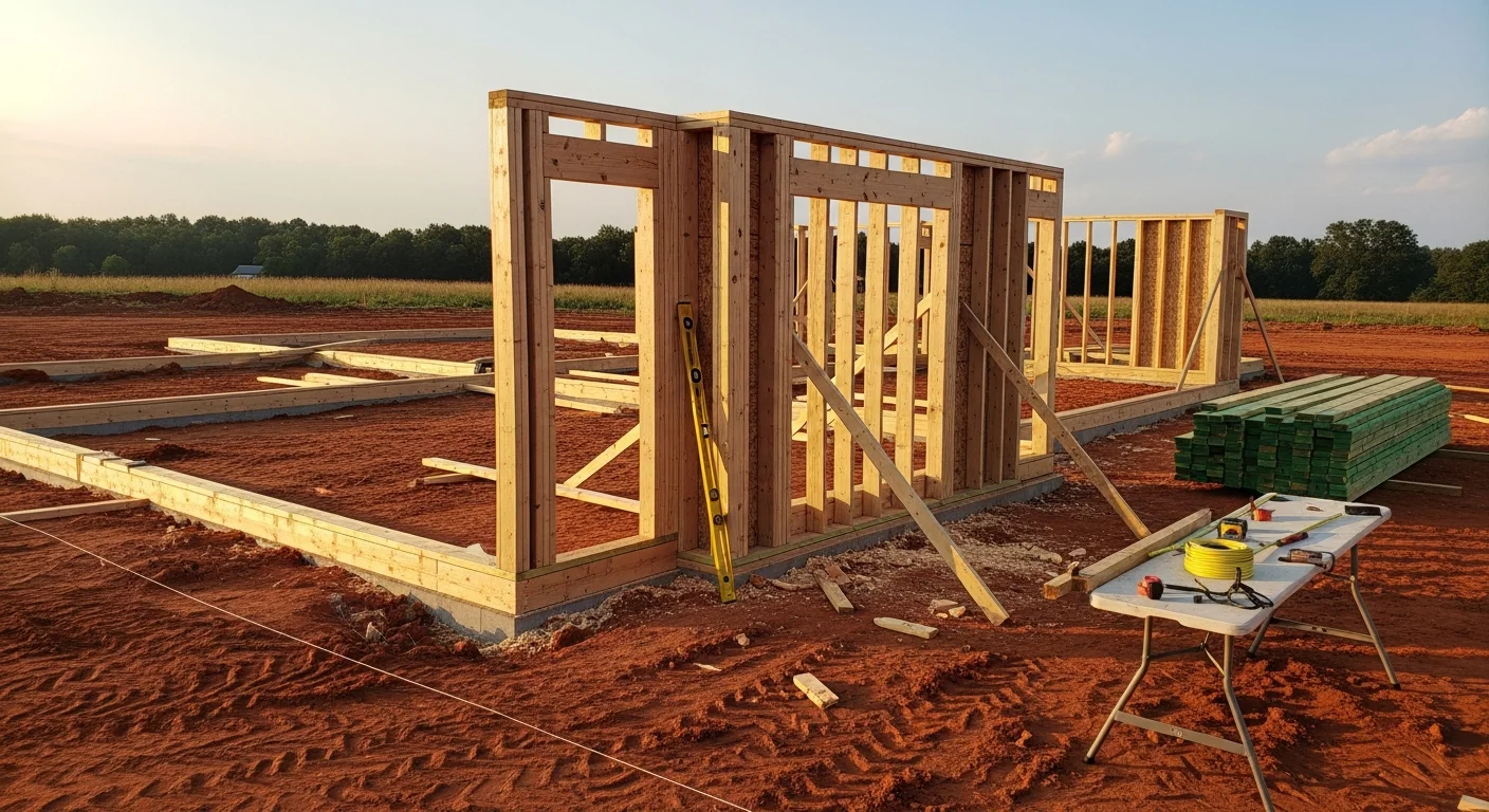A newly completed custom home on a residential lot in Scottsboro, Alabama, showing a framed and finished single-story structure with a covered front porch. The surrounding yard reflects the wooded, rural character common to Jackson County properties.
