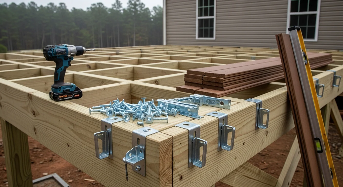 A newly built wood deck attached to the back of a single-family home in Scottsboro, Alabama, with open yard space and tree line visible in the background. The deck features clean framing, level boards, and a step down to a grassy backyard.