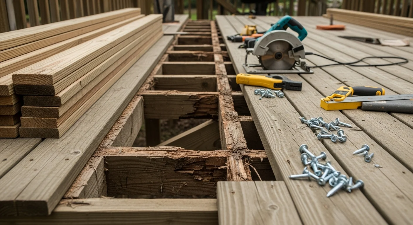 A repaired residential wood deck in Scottsboro, Alabama with replaced decking boards and secure railings on a single-story home. Close view shows fresh lumber set flush against existing boards with tightened post hardware visible at the railing base.