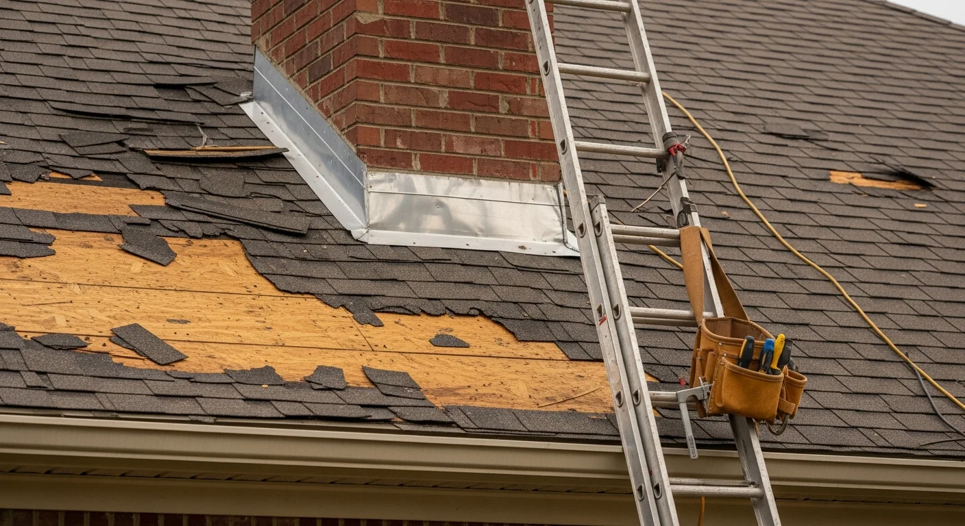 A Scottsboro residential rooftop showing a repaired section of shingles and resealed flashing around a chimney after storm damage. The surrounding Jackson County tree line is visible in the background.