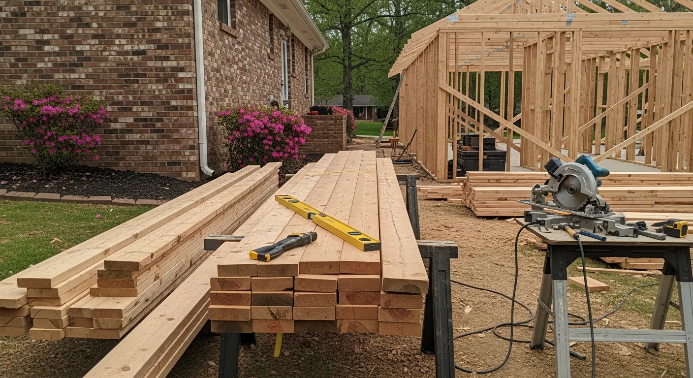 A newly completed single-story room addition attached to a brick home in Scottsboro, Alabama, with matching roofline and exterior trim. The addition extends the rear of the house and includes a window that faces the backyard.