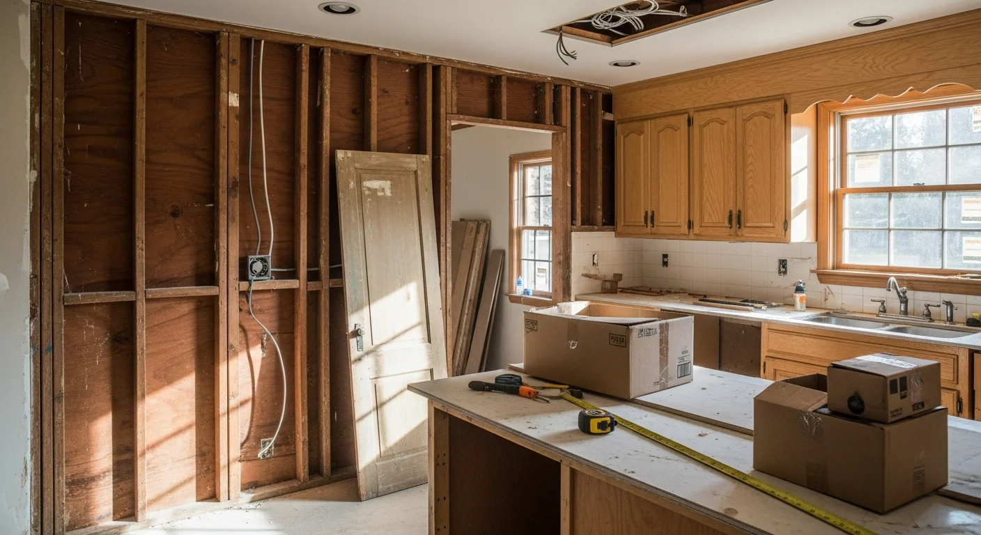 A remodeled kitchen inside a single-family home in Scottsboro, Alabama, showing new cabinets, updated countertops, and an open layout replacing a former galley-style kitchen. Natural light fills the space through a window above the sink.