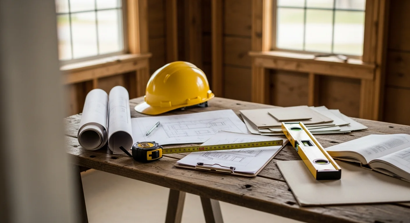 A Scottsboro homeowner and a contractor standing in a kitchen discussing remodeling plans during an in-home consultation. The contractor is reviewing the existing layout while taking notes.