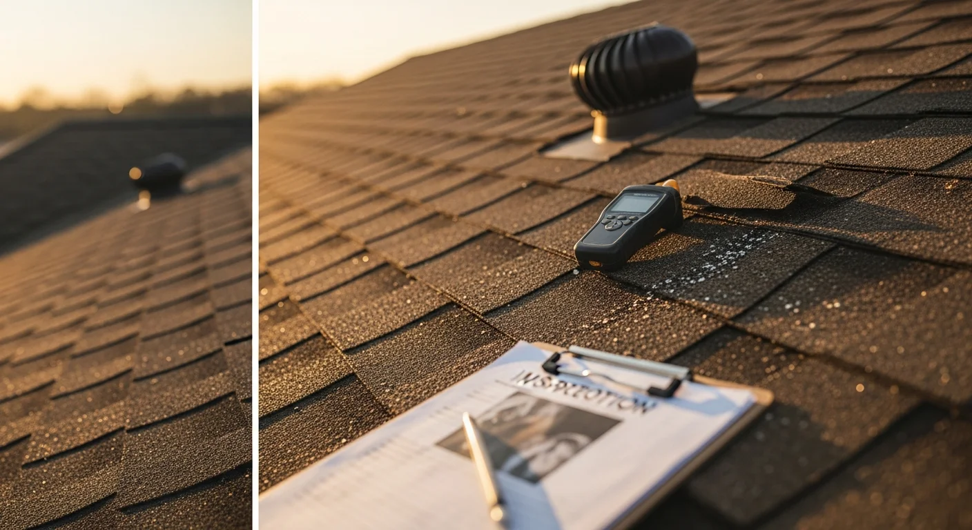 A roofing contractor inspecting shingles and flashing on a residential home in Scottsboro, Alabama. Close-up view shows granule loss and lifted shingle edges consistent with storm wear.
