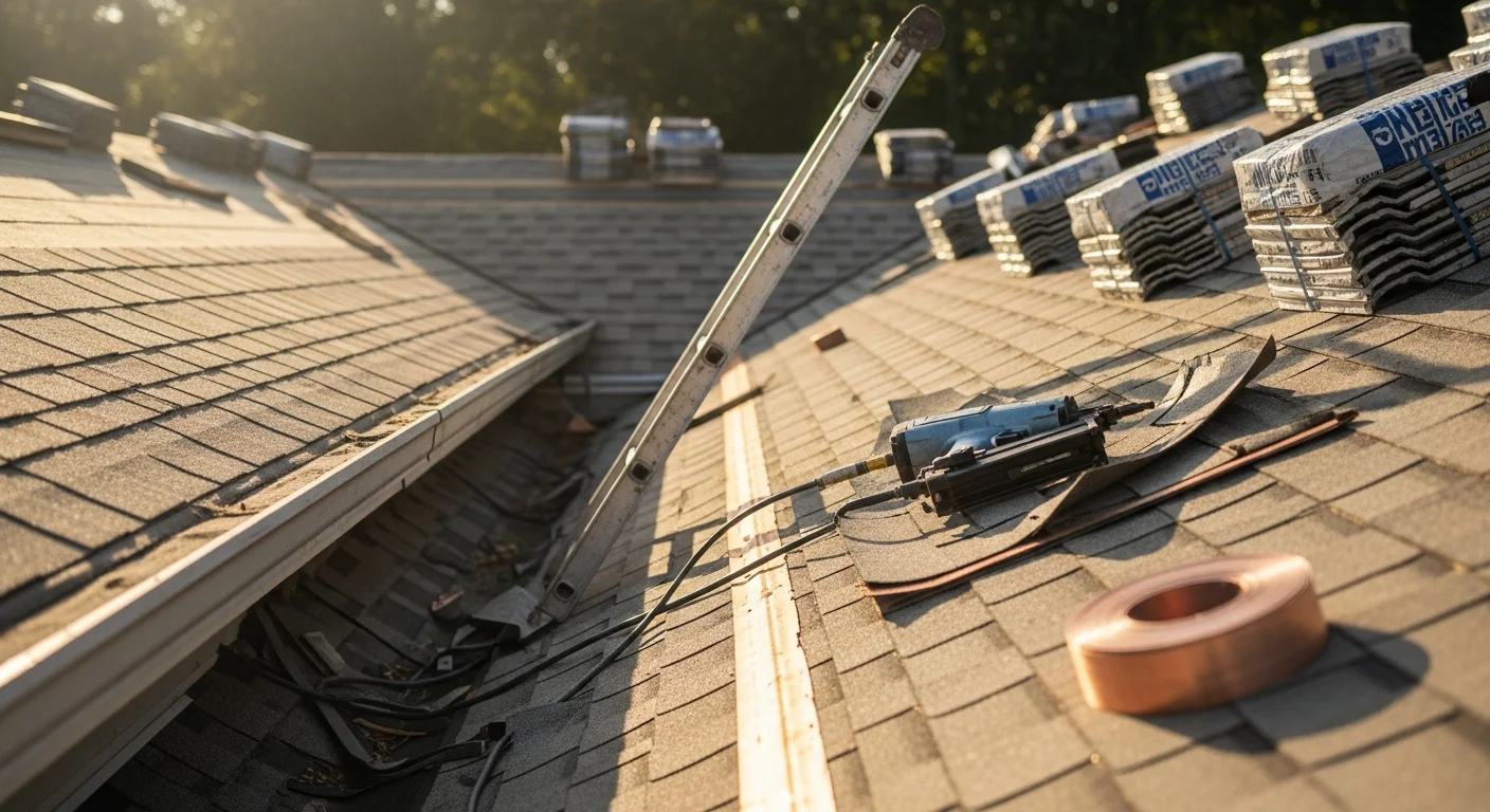 A Scottsboro, Alabama home with a newly installed roof showing clean ridge lines and uniform shingle courses against a partly cloudy sky. A roofing crew member from Apex Handyman Services works along the roof edge completing the final installation details.