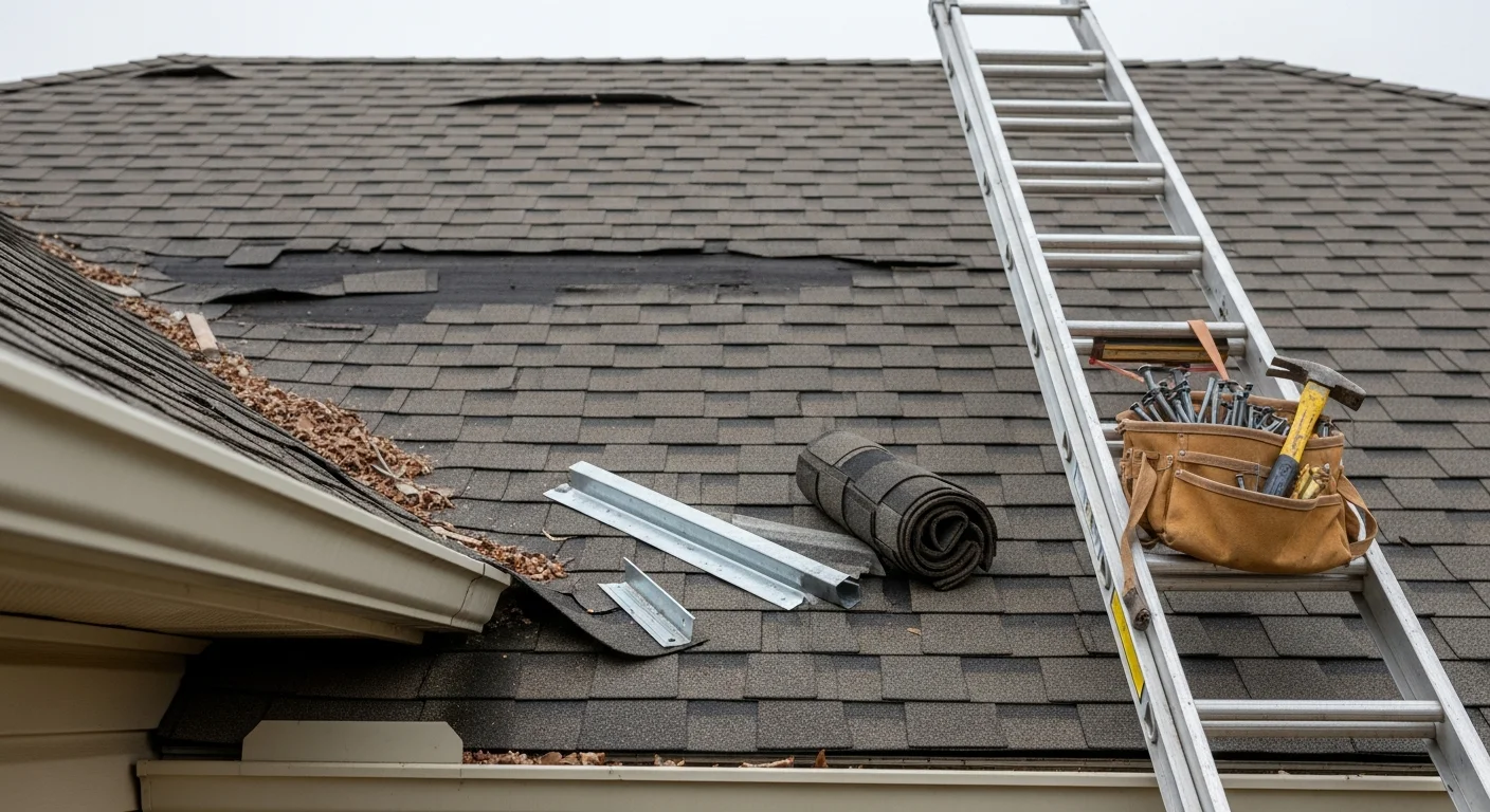 A Scottsboro Alabama residential roof with repaired shingles and sealed flashing around a chimney. Close-up view showing patched storm damage on a pitched asphalt shingle roof.