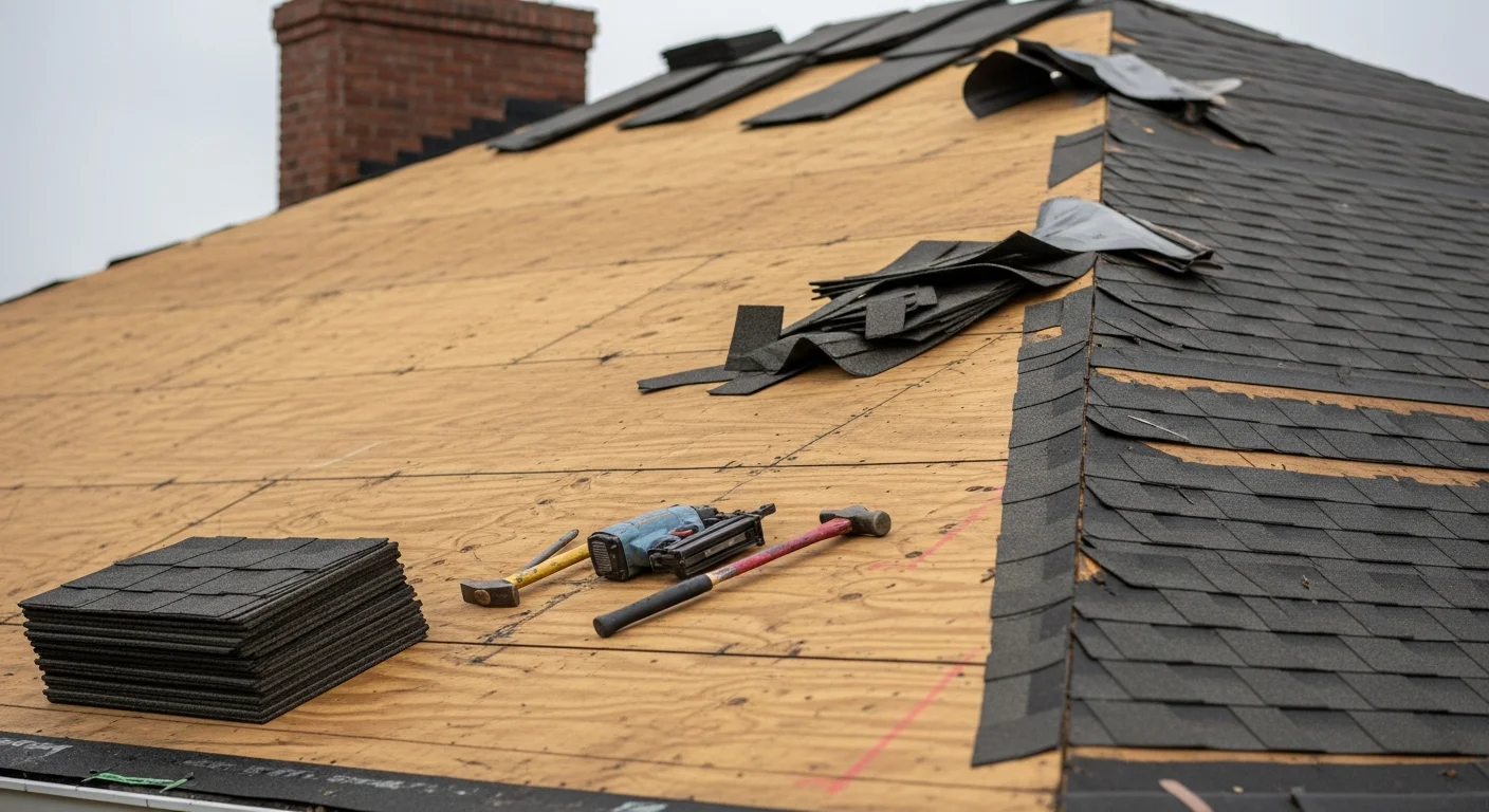 A completed residential roof replacement on a single-story home in Scottsboro, Alabama, showing new roofing installed over a clean wood deck with replaced flashing along the ridge and eaves.