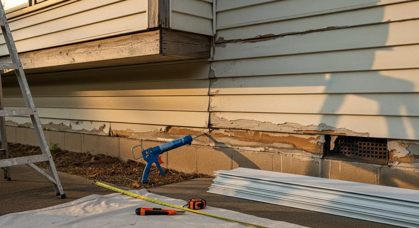 A repaired section of exterior siding on a single-family home in Scottsboro, Alabama, with new panels flush and sealed against the surrounding wall. The finished repair shows clean edges and consistent color along the home's exterior.