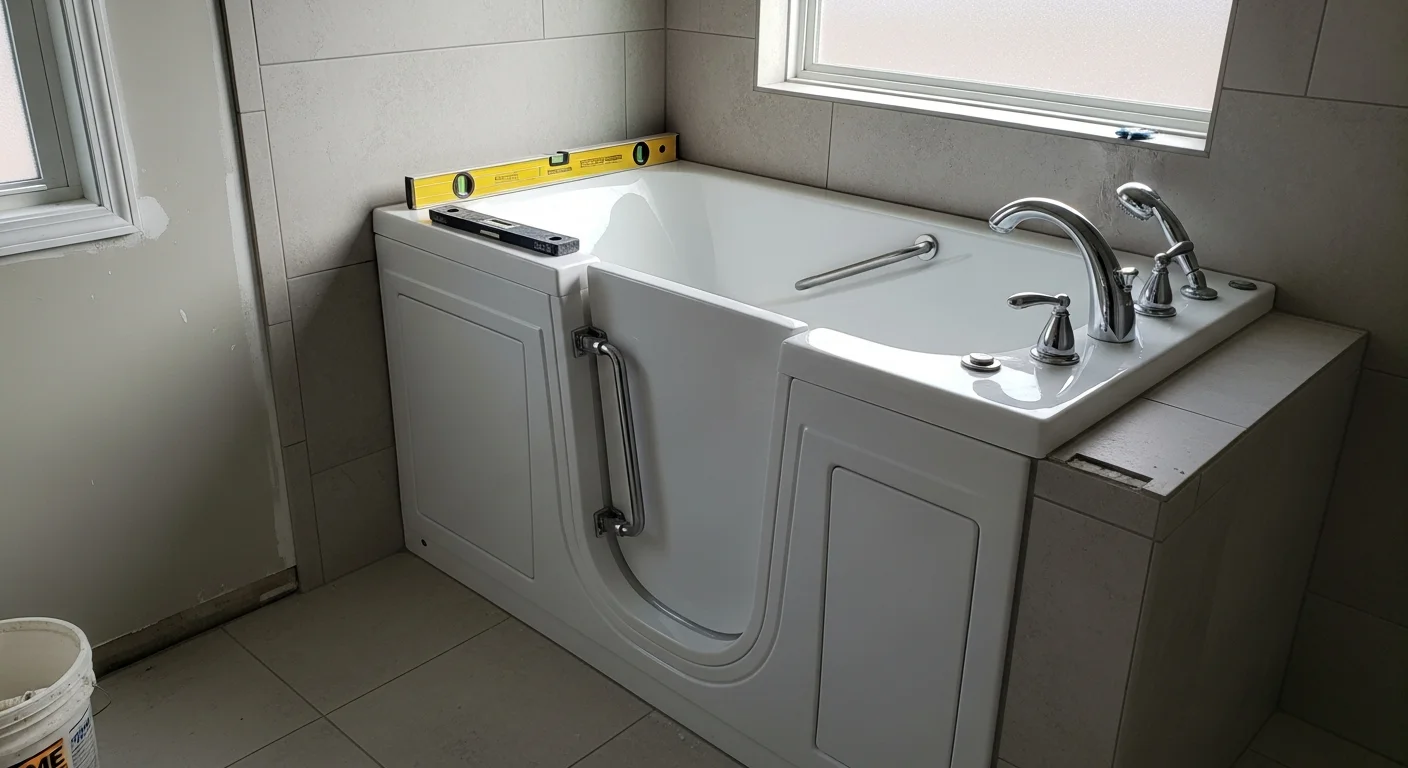 A newly installed walk-in bathtub with a side-entry door, built-in seat, and grab bars inside a remodeled bathroom in a Scottsboro, Alabama home. The surrounding walls are finished with clean, waterproof panels replacing an older standard tub.