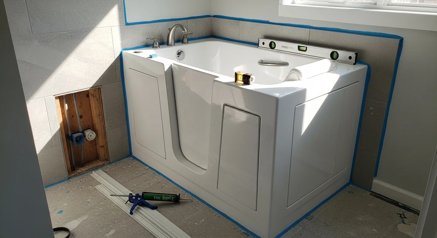 A newly installed walk-in tub with a side-entry door and built-in seat inside a clean, finished bathroom in a Scottsboro, Alabama home. The tub is level and trimmed out with caulked edges and matching wall panels.